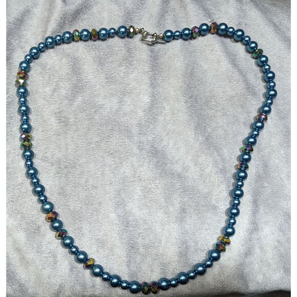 Handmade Mermaidcore Metallic Blue Faux Pearl And AB Glass Beaded Necklace - Picture 6 of 6